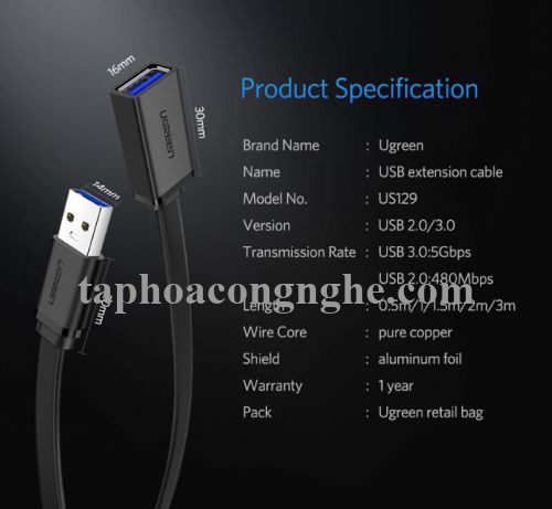 Ugreen 30128 0.5M màu Đen Cáp tín hiệu nối dài USB 3.0 dáng dẹt cao cấp US129 30030128